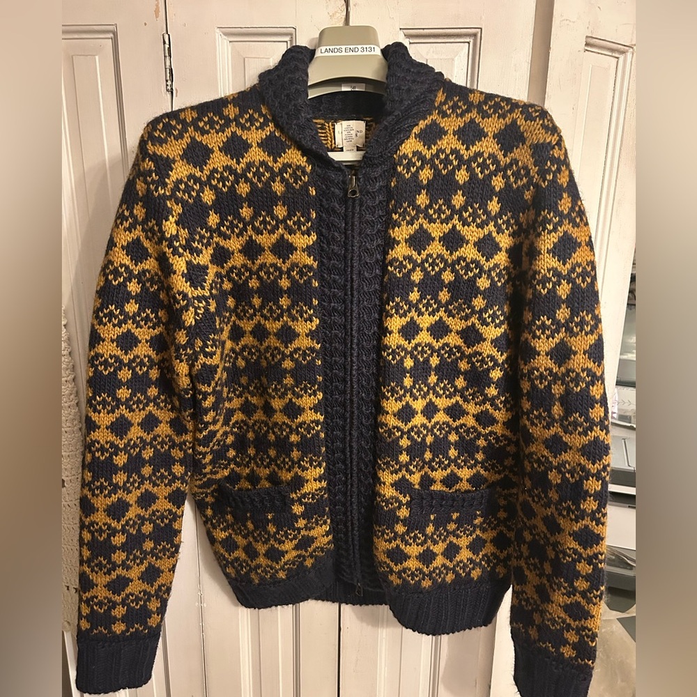 Lands' End Navy Mustard/Gold Cardigan Sweater- Super Warm